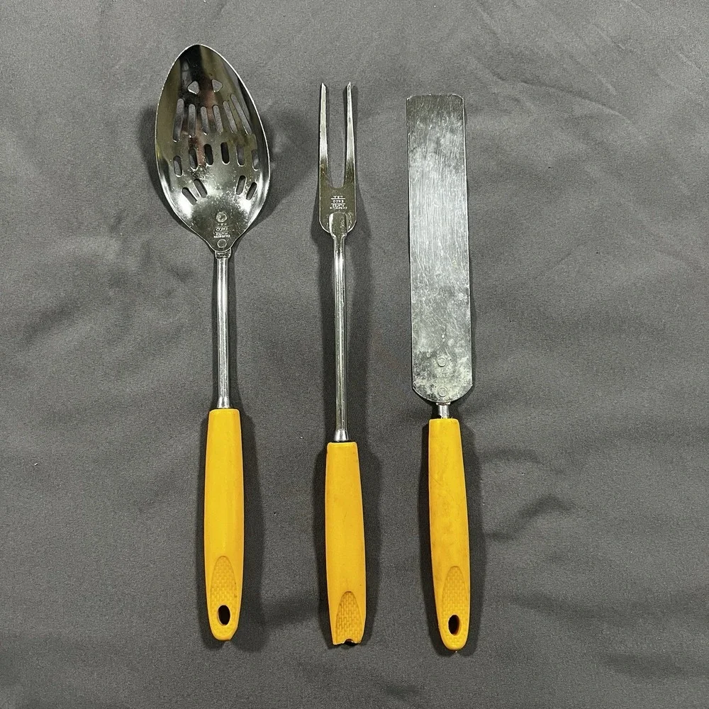 3 Set‎ Vintage EKCO Forge Stainless Steel Slotted Spoon, Meat Fork, Cake Spatula